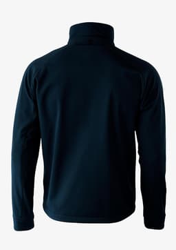 A dark navy soft shell jacket with a high collar, featuring a logo on the back.