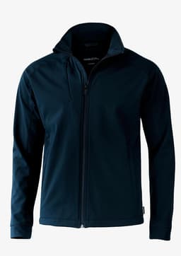 A navy soft shell jacket featuring a zippered front and a hood, with a simple logo on the chest.