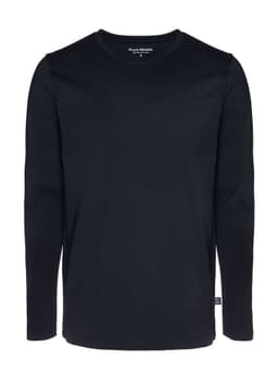 A black long sleeve men's t-shirt with a crew neckline and a small logo on the side.