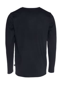 A black long sleeve men's T-shirt featuring a logo on the side. The back view displays a simple, sleek design.