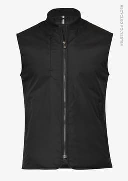 A sleeveless black vest made from recycled polyester, featuring a front zip and a minimalist design.