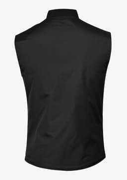 A black vest featuring a simple design and no sleeves, with a collar and a logo at the back.