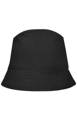 A black bucket hat with a wide brim and structured top, featuring a logo on the side.