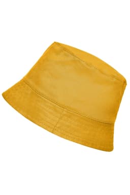 A yellow bucket hat with a wide brim and a textured finish. It features a branding logo.