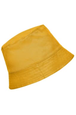 A yellow bucket hat with a wide brim and a logo on the front.