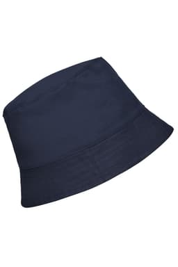 A navy blue bucket hat with a wide brim and a simple design. It includes a logo on the side.
