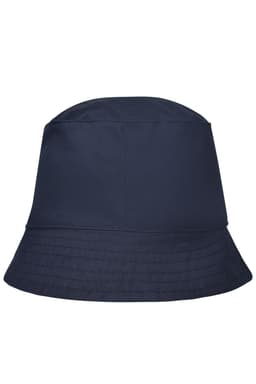 A navy blue bucket hat with a wide brim and a simple design. It features a logo on the side.
