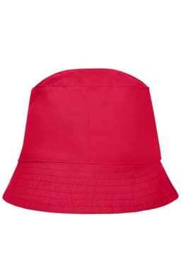 A red bucket hat with a wide brim, featuring a plain design and a logo.