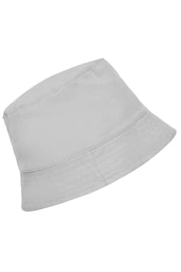 A light grey bucket hat featuring a simple design and soft fabric, with a visible branding logo.