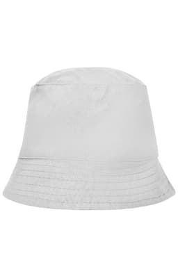 A grey bucket hat with a wide brim and a simple design, featuring a logo on the front.