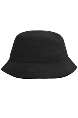 A black Fisherman Piping Hat with a wide brim, featuring a logo on the side. Suitable for outdoor activities.