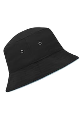 A black bucket hat with two ventilation eyelets, featuring a light blue underside. It has a branding logo.