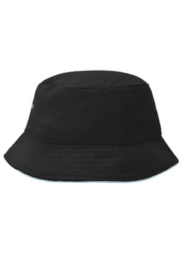 A black Fisherman Piping Hat featuring a simple design and a logo. Brimmed bucket style.