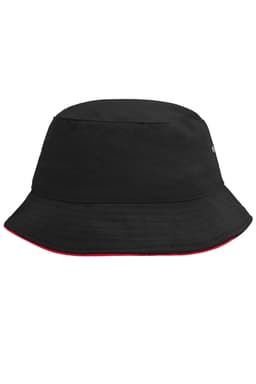 A black fisherman piping hat with a red trim, featuring a logo on the side. Ideal for outdoor wear.