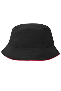 A black bucket hat with a red underside, featuring a logo on the side.