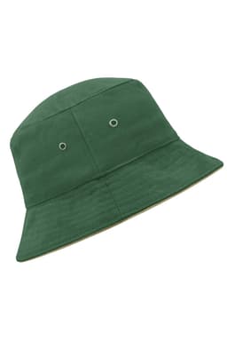 A green fisherman piping hat with a bucket design and ventilation eyelets. It features a subtle logo on the side.