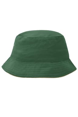 A green fisherman piping hat with a wide brim and a neutral underside, featuring a small logo.
