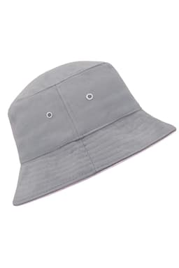 A grey bucket hat with eyelet vents and a ribbed texture. The hat features a logo on the side.