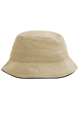 A beige bucket hat with a wide brim, featuring a logo on the side. Suitable for outdoor activities.