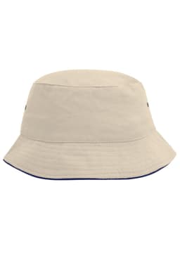 A beige bucket hat with a contrasting navy trim, featuring a logo. Suitable for casual wear and outdoor activities.