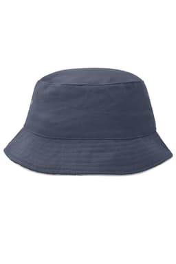 A navy blue bucket hat with a wide brim and a small logo.