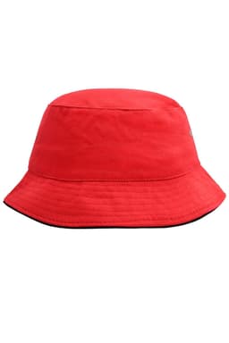 A bright red bucket hat with a wide brim and a logo. Ideal for outdoor wear or casual outings.