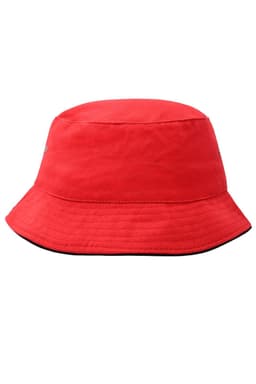 A red fisherman piping hat with a wide brim and a logo on the side.