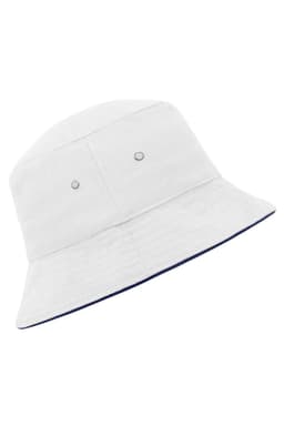 A white bucket hat featuring a brim and an inner lining in navy, complete with metal eyelets and a logo.