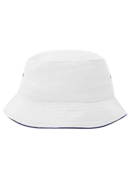 A white bucket hat with a navy underbrim and a branding logo on the side.