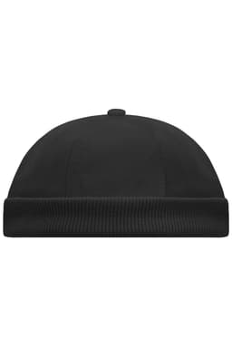 A black 6-panel chef cap with a rounded top and ribbed band, featuring a logo on the front.
