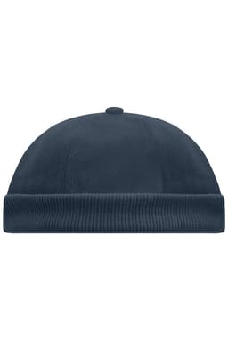 A dark navy blue 6 Panel Chef Cap with a rounded top and ribbed band. It features a logo on the side.