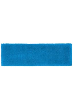 A bright blue Terry Headband, featuring a soft, textured surface and rectangular shape. It has a logo on one side.