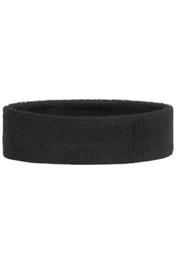 A black Terry headband made of soft, absorbent material, featuring a simple design and a logo.