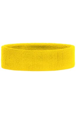 A bright yellow terry headband with a soft texture, featuring a logo. Ideal for headwear needs.