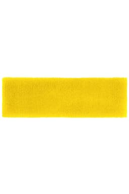 A bright yellow Terry headband, featuring a soft, textured fabric and a logo.