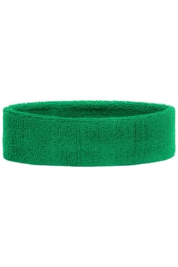A green terry headband made of soft material. It has a simple design and a textured finish.