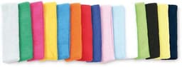 A selection of Terry Headbands in various colours, including pink, blue, green, yellow, and black. Each headband features a logo.