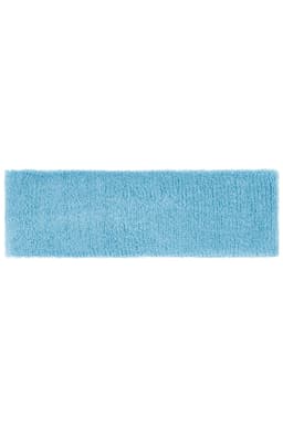 A blue terry headband with a soft, textured surface, featuring a logo.