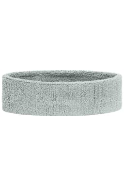 A grey terry headband with a soft, textured fabric. It features a simple design and has a logo on it.