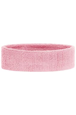 A pink terry headband with a soft, textured surface and a circular shape, featuring a small logo.