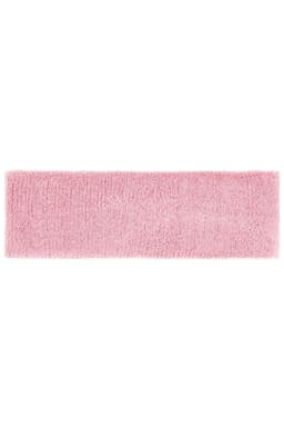 A pink terry headband with a soft, textured surface. It features a logo or branding on it.