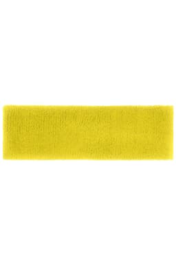 A bright yellow terry cloth headband with a soft texture, featuring a logo on one side.