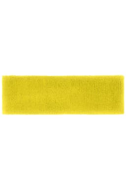 A bright yellow terry headband with a soft, textured fabric. It has a branded logo.