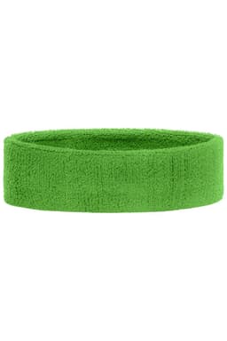 A green Terry Headband made of soft fabric, featuring a logo on one side. Suitable for headwear.