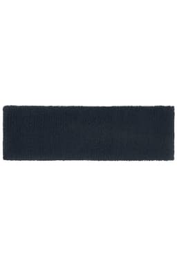 A dark navy terry headband with a soft, textured surface, featuring a logo.
