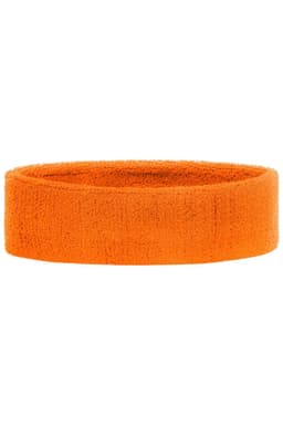 An orange terry headband made of soft fabric, featuring a logo. Ideal for headwear.