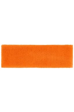 An orange terry headband featuring a soft, textured surface and a logo on one side.