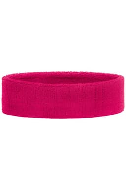 A pink terry headband made of soft fabric, featuring an embroidered logo.