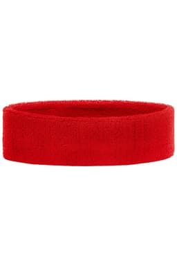 A red terry headband with a soft, absorbent texture and a simple design. It features a logo.