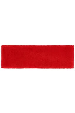 A red terry headband with a soft, textured finish. It features a logo.